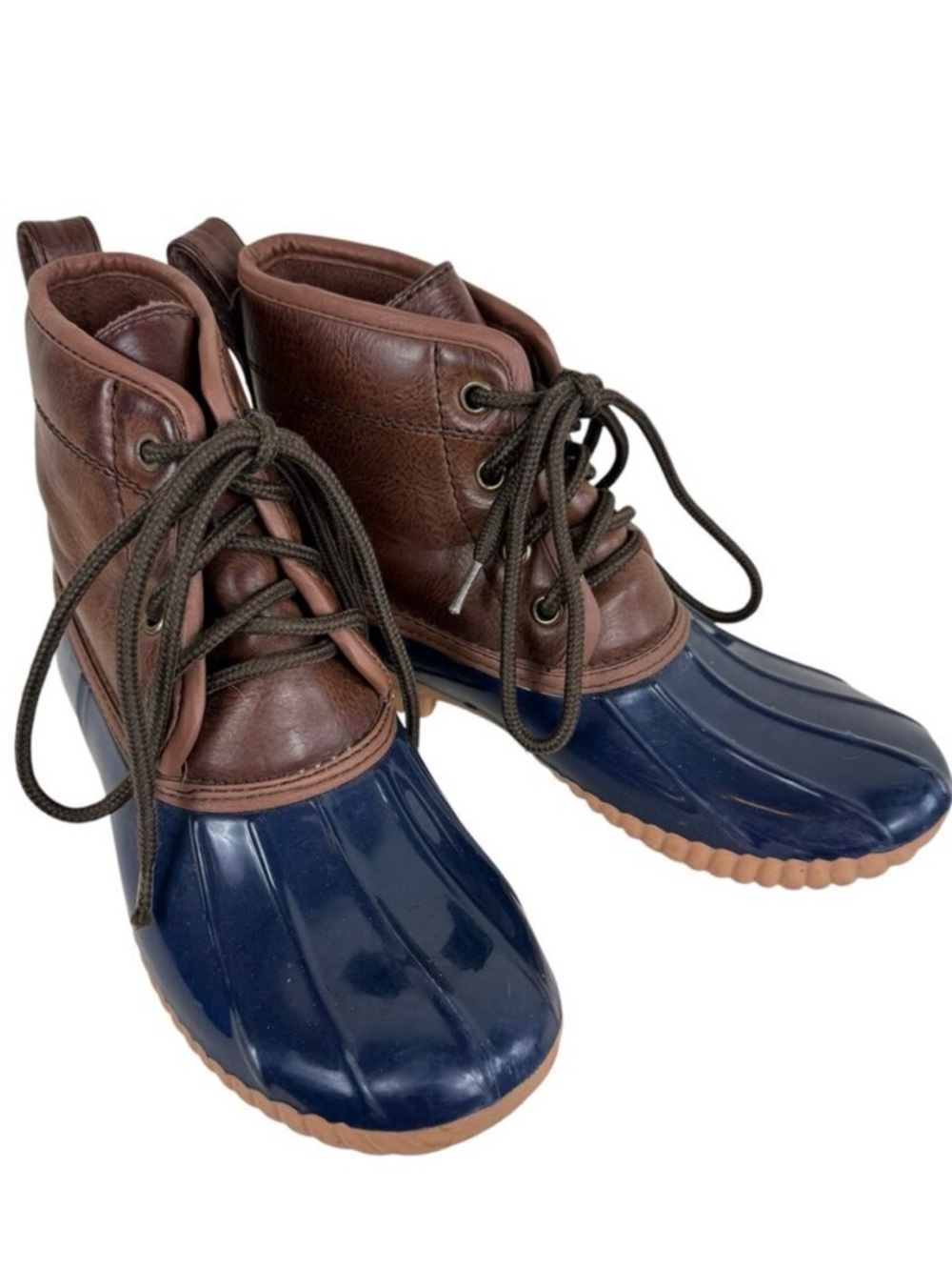 Capelli Brown Navy Rubber Faux Leather Lace Up Ankle Duck Boot Winter Size 6